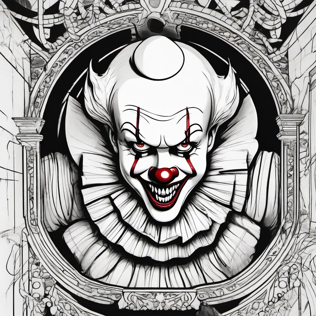 drawing of Pennywise in a funhouse mirror maze  minimal rough sketch scribbles,doodles,black and white