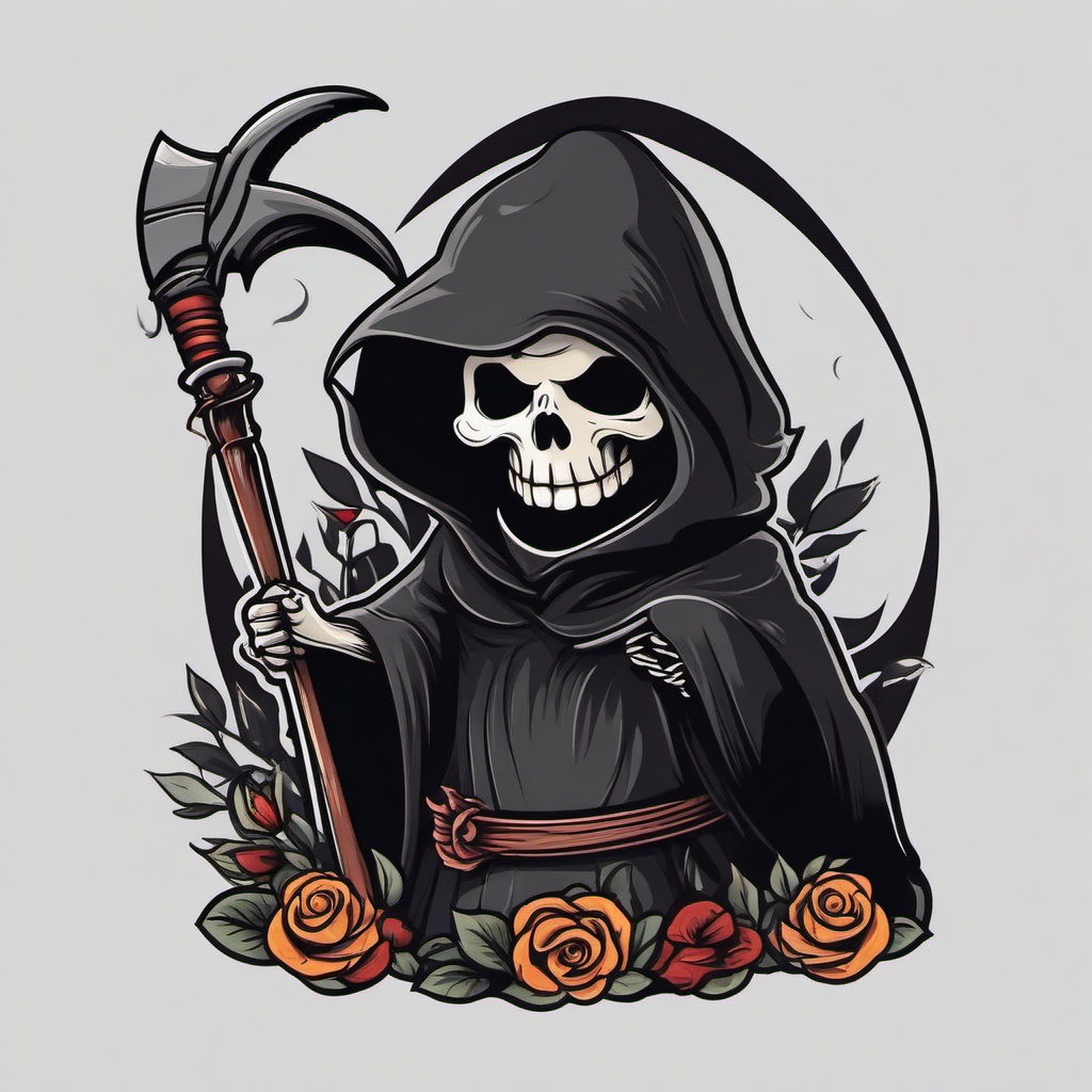 Cute Grim Reaper Tattoo-Whimsical and playful tattoo featuring a cute and adorable Grim Reaper, blending themes of death and charm in a creative design.  simple color vector tattoo