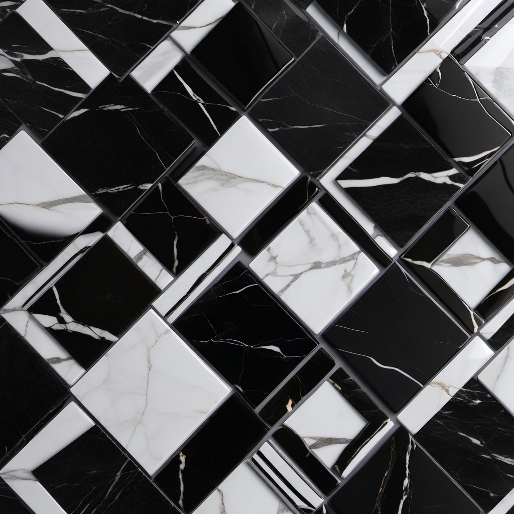 Porcelain tiles mimicking Nero Marquina marble with a glossy appearance top view, product photoshoot realistic background, hyper detail, high resolution