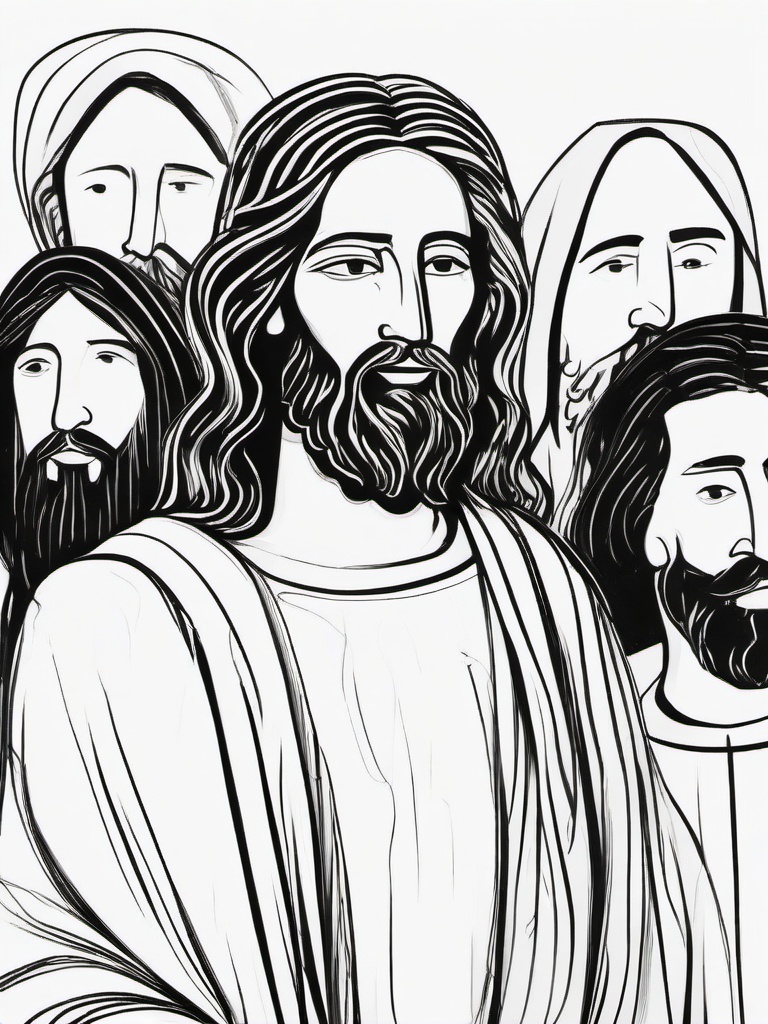 drawing of Jesus with disciples  minimal rough sketch scribbles,doodles,black and white