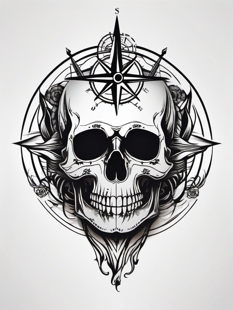 Compass Skull Tattoo - Combination of a compass and skull motifs.  simple vector tattoo,minimalist,white background