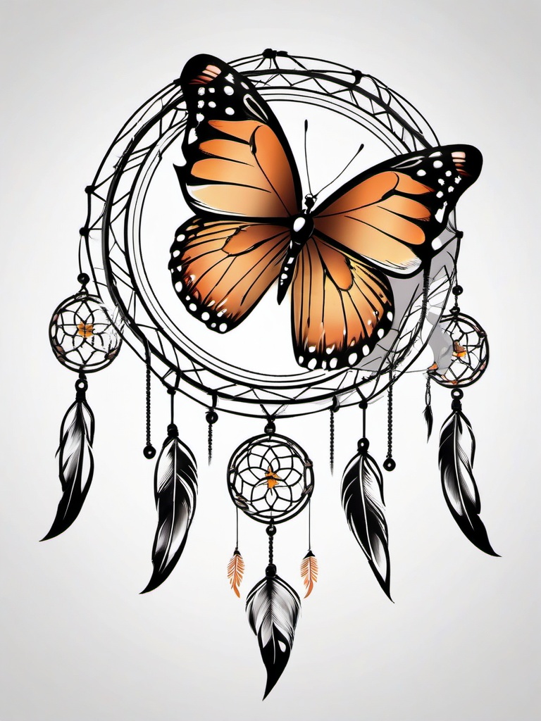 Butterfly Dream Catcher Tattoo - Tattoo combining a dream catcher with butterfly motifs.  simple vector tattoo,minimalist,white background