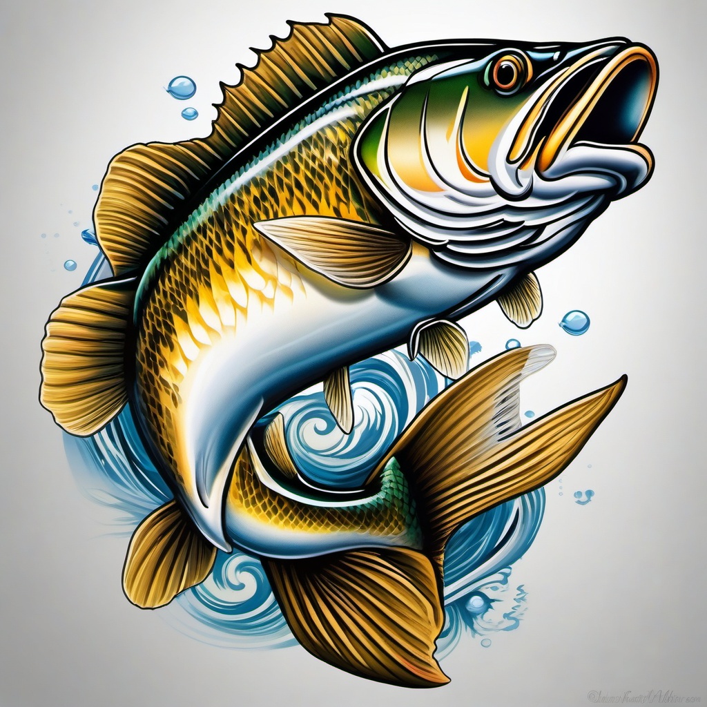 Walleye Tattoo,a tribute to the elusive walleye, this tattoo captures the mystique of freshwater angling. , color tattoo design, white clean background