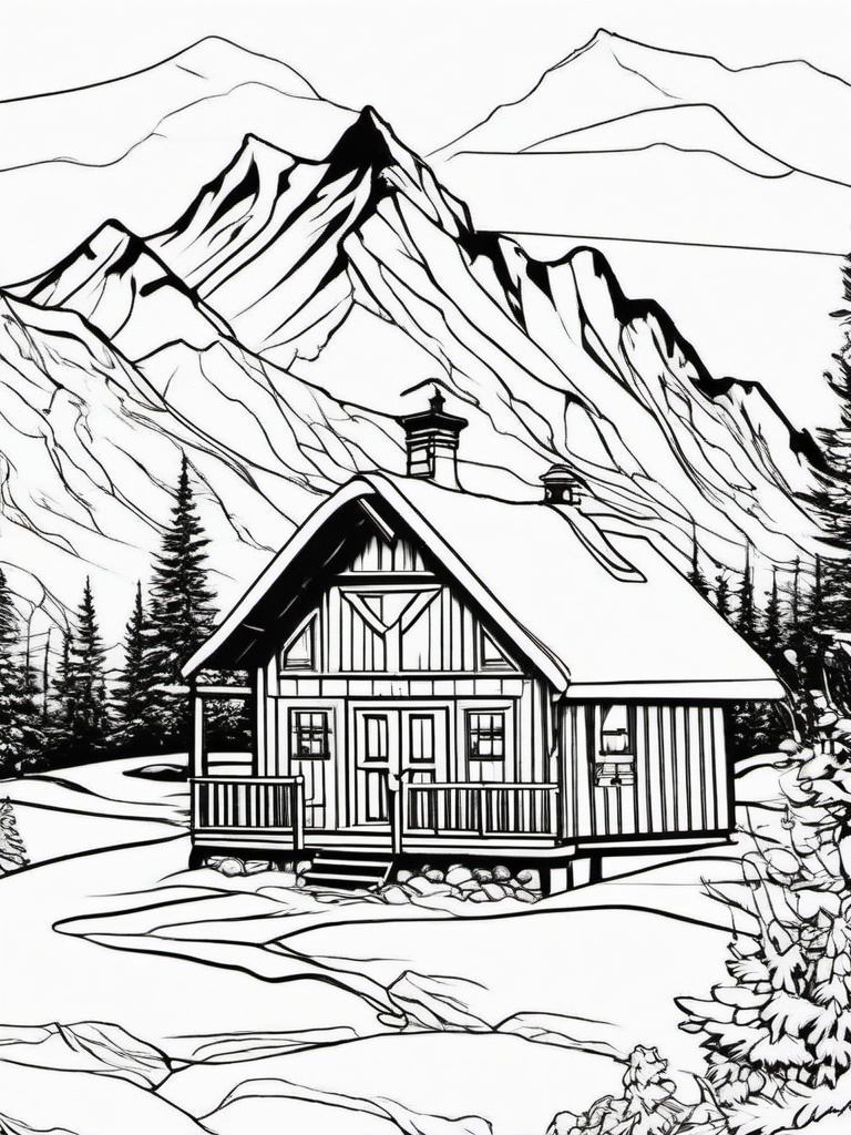 Snowy Mountain Cabin Coloring Pages - Cozy Cabin Nestled in Snowy Peaks  minimal black outline printable sheet, coloring page