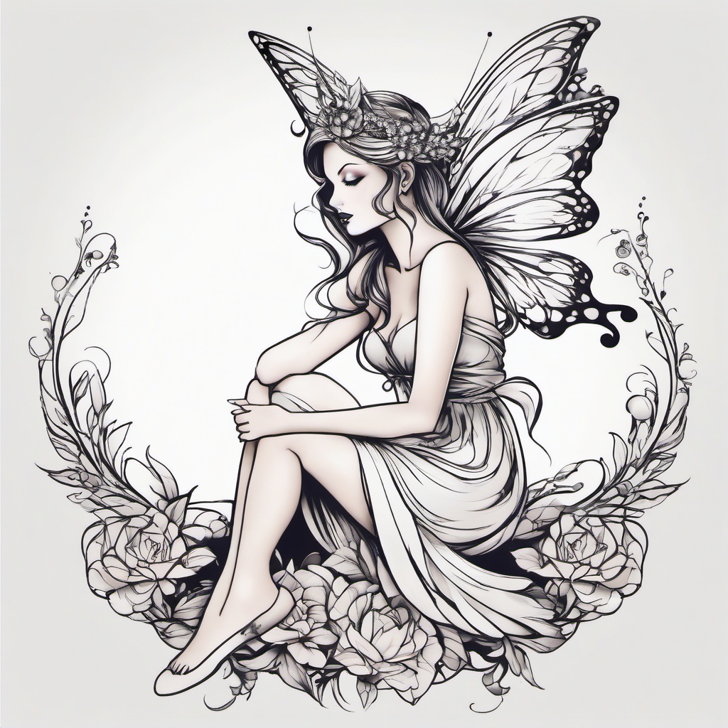 fairy sitting tattoo  simple color tattoo style,white background