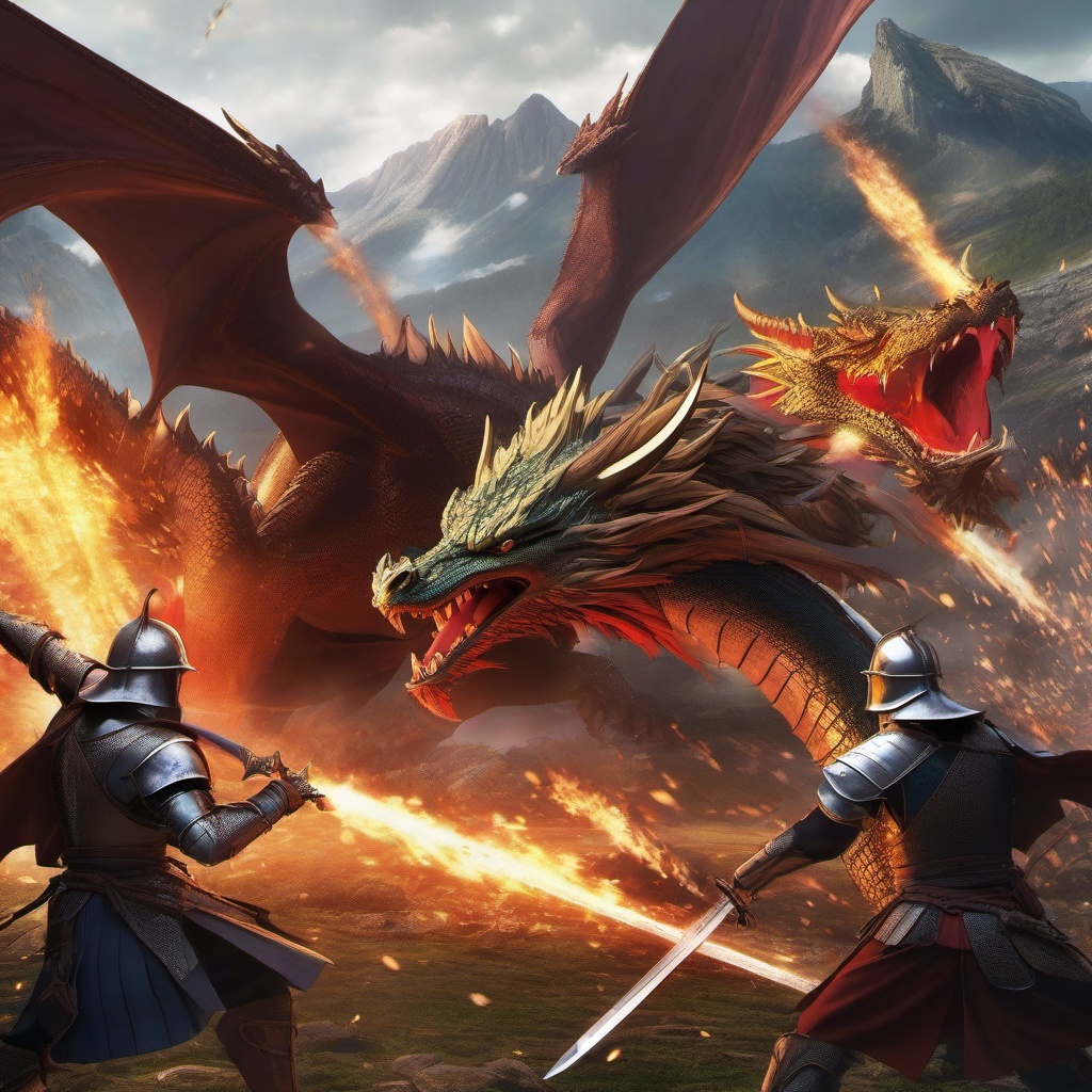 Medieval dragon battle scene. anime, wallpaper, background, anime key visual, japanese manga