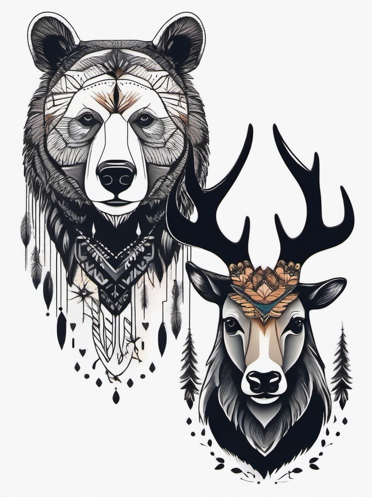 bear and deer tattoo  simple color tattoo,minimal,white background