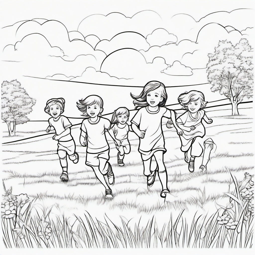 Summer Coloring Pages - Group of children playing tag on a grassy field  simple coloring pages