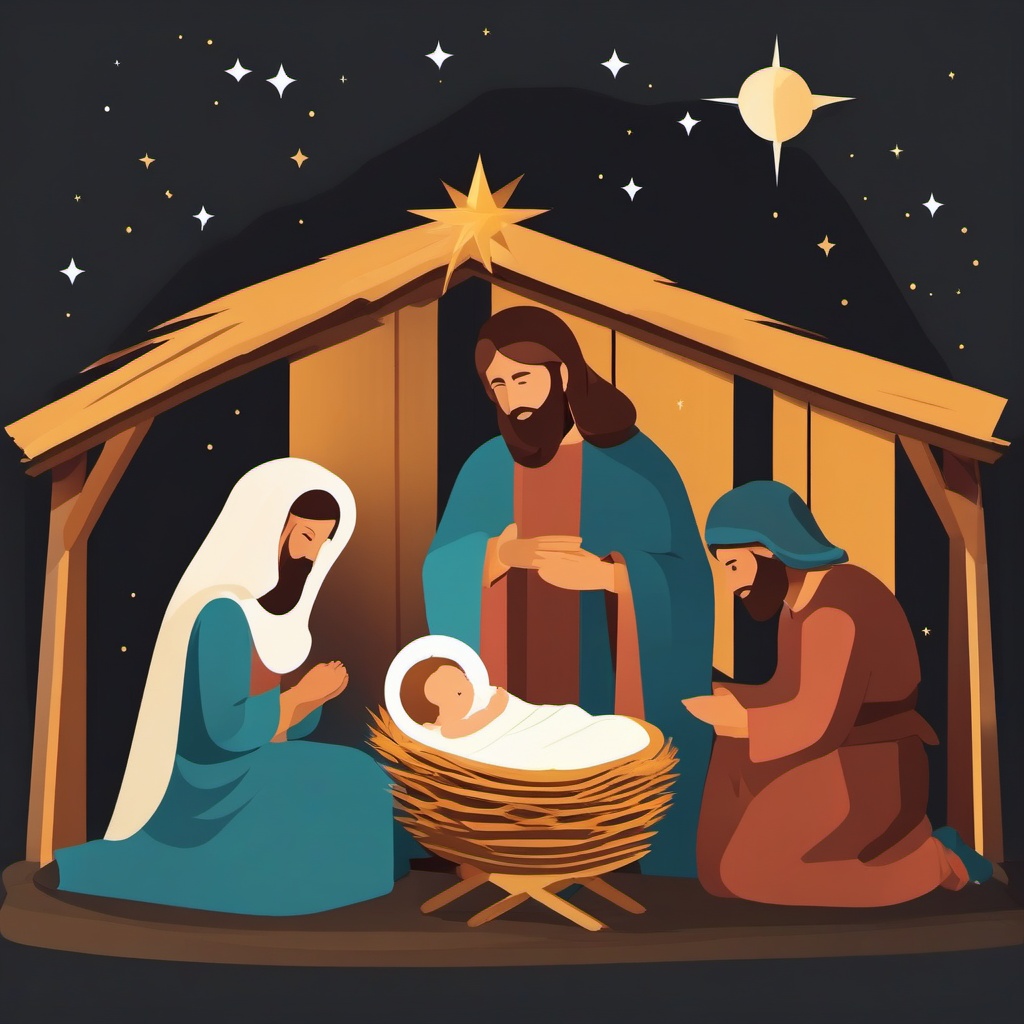 Manger scene clipart, The holy family gathered around the newborn Jesus.  simple, 2d flat