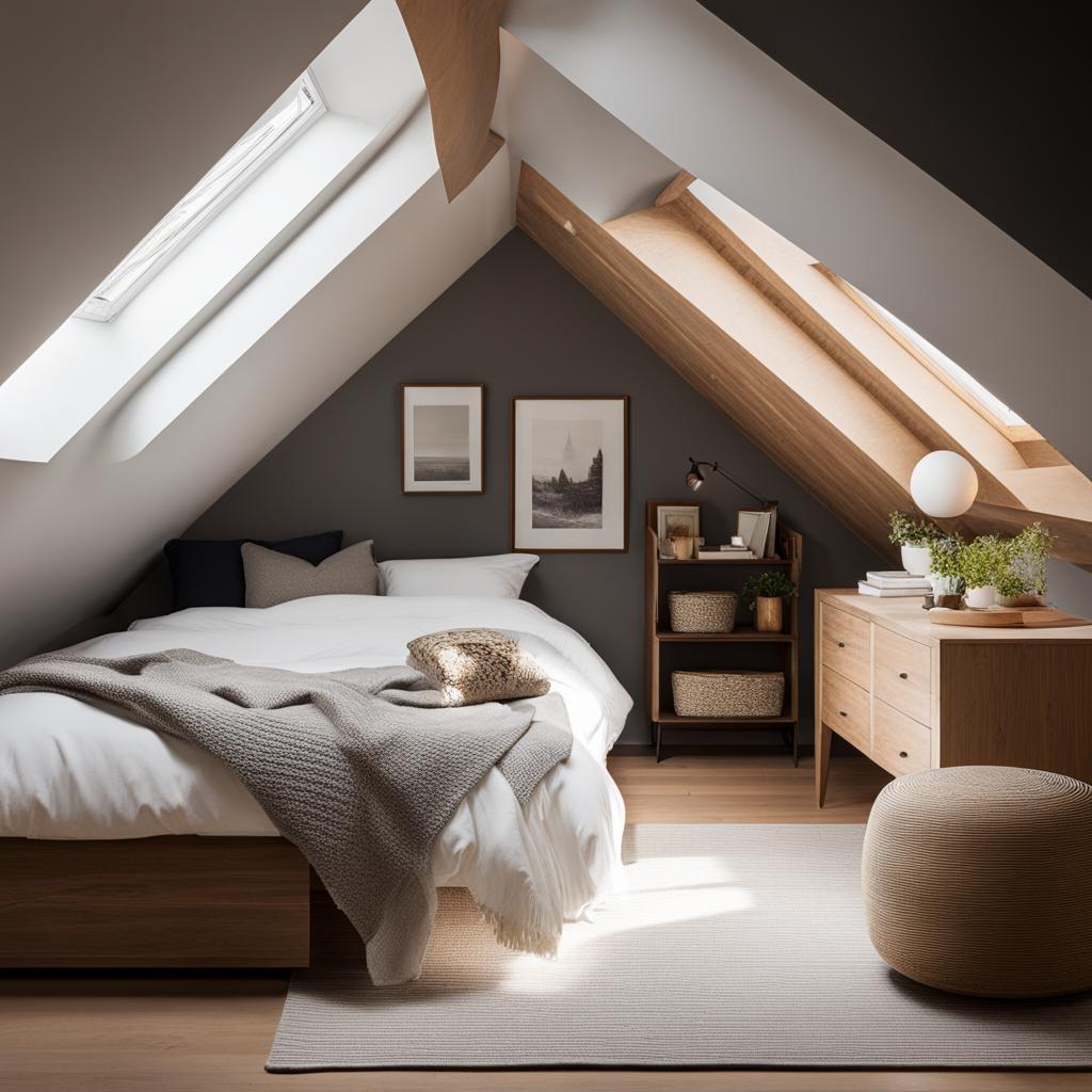 cozy attic bedroom with sloped ceilings and a cozy reading nook. 