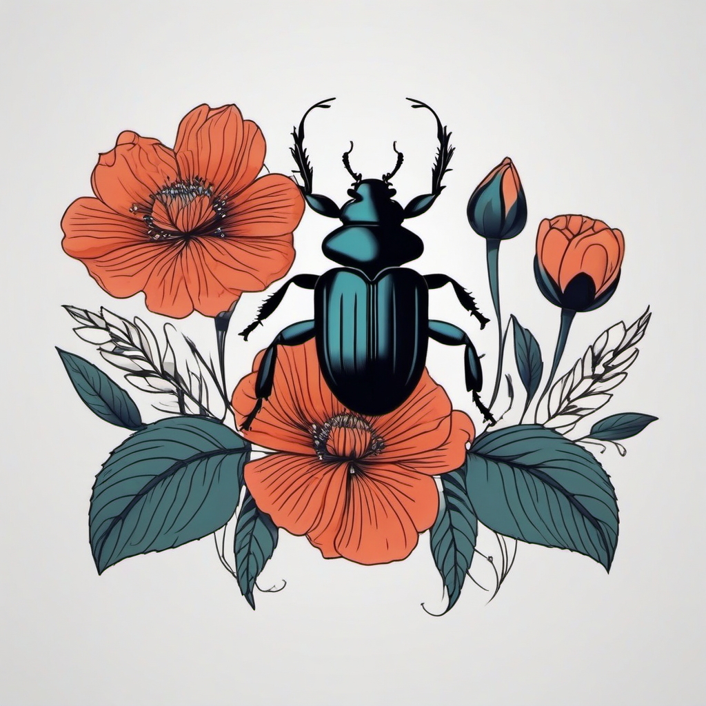 Beetle with flowers tattoo. Garden insect beauty.  minimal color tattoo design