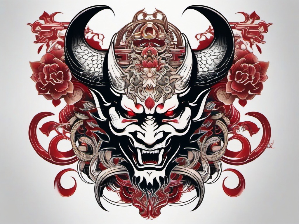 Demon Yakuza Tattoo - Blends Yakuza aesthetics with demonic motifs, creating a powerful and intricate tattoo design.  simple color tattoo,white background,minimal