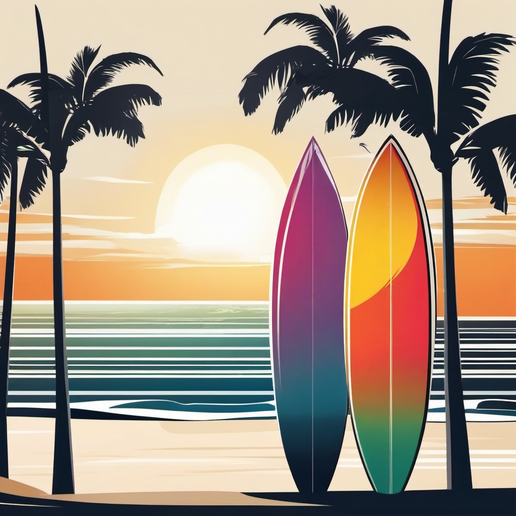 Board Clipart - Surfer's board on a tropical beach under the sun.  color clipart, minimalist, vector art, 