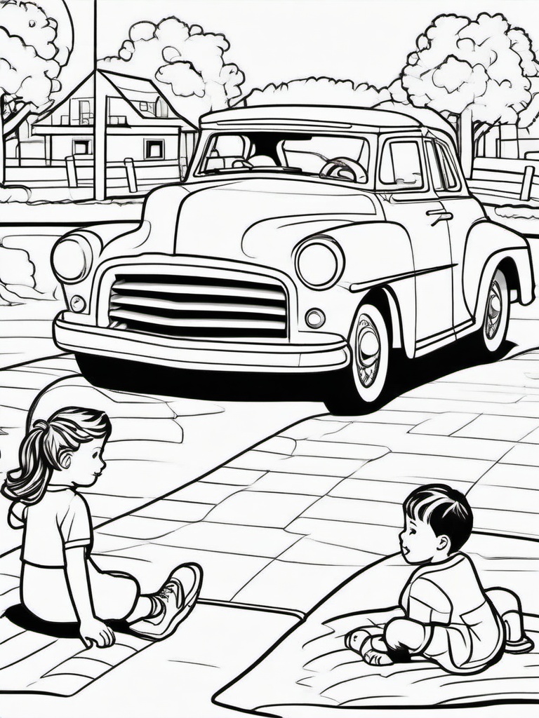 Car and Playground Coloring Pages - Fun Scene with Kids Playing  minimal black outline printable sheet, coloring page