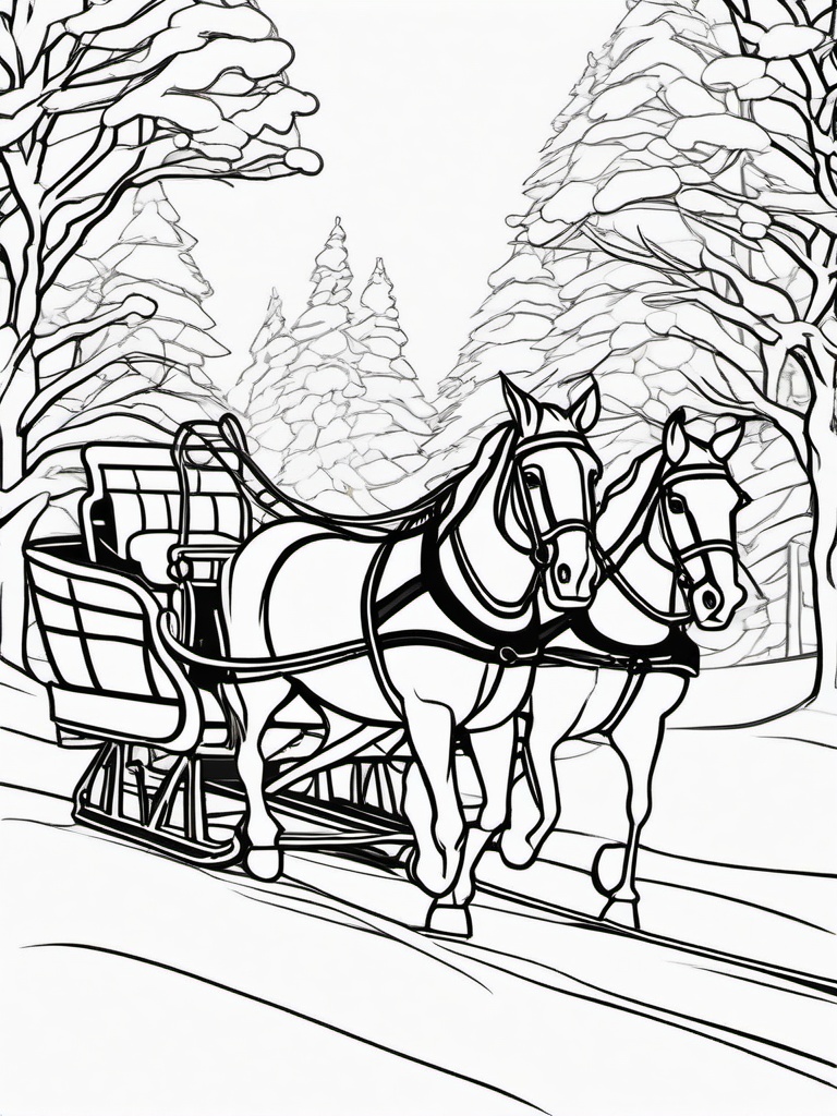 Winter Horse Sleigh Ride Coloring Pages - Classic Winter Horse-Drawn Sleigh Ride  minimal black outline printable sheet, coloring page