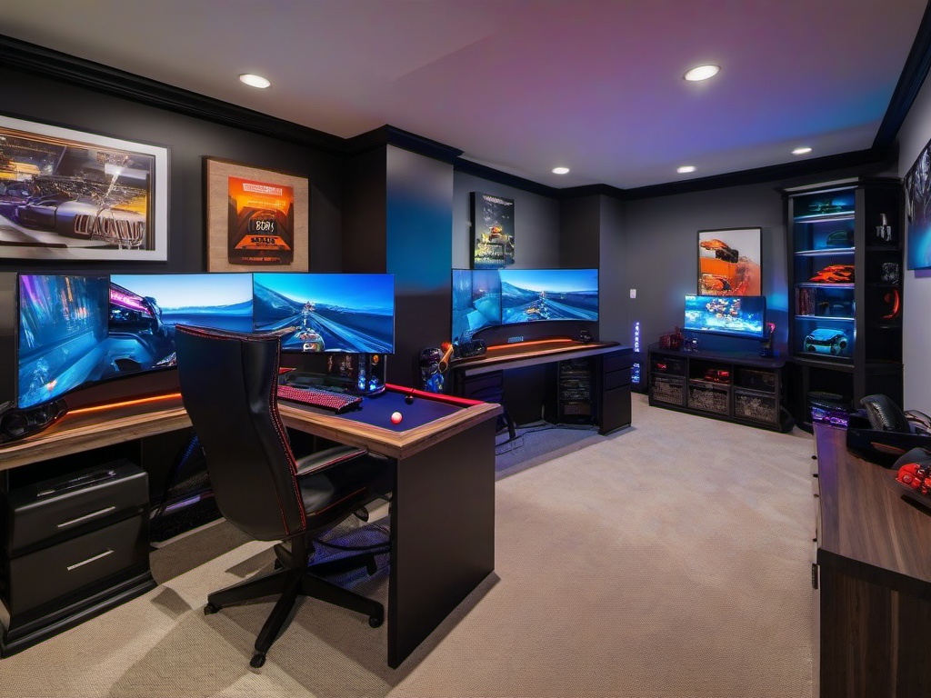 Contemporary gamer room showcases a spacious gaming desk, multiple monitors, and vibrant decor, creating an inviting and immersive space for gaming enthusiasts.  