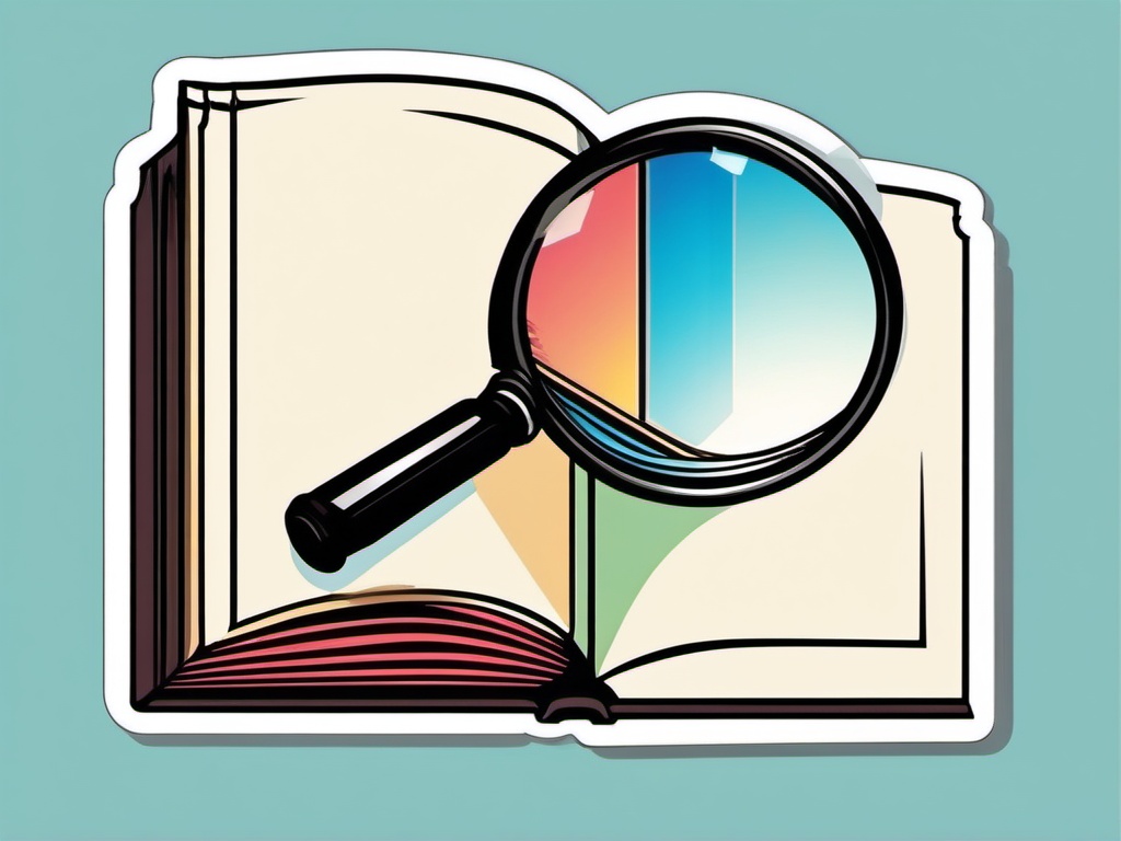 Book and Magnifying Glass Sticker - Open book with a magnifying glass, ,vector color sticker art,minimal