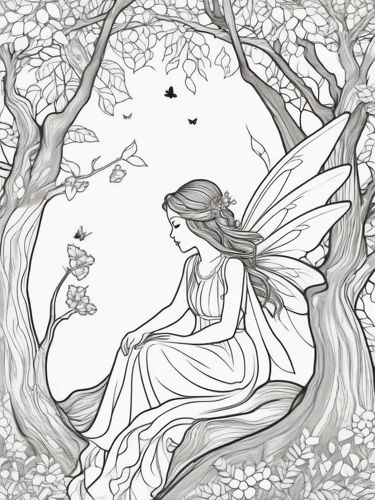 Fairy in an Enchanted Tree Coloring Pages - Fairy Living in a Magical Tree  minimal black outline printable sheet, coloring page