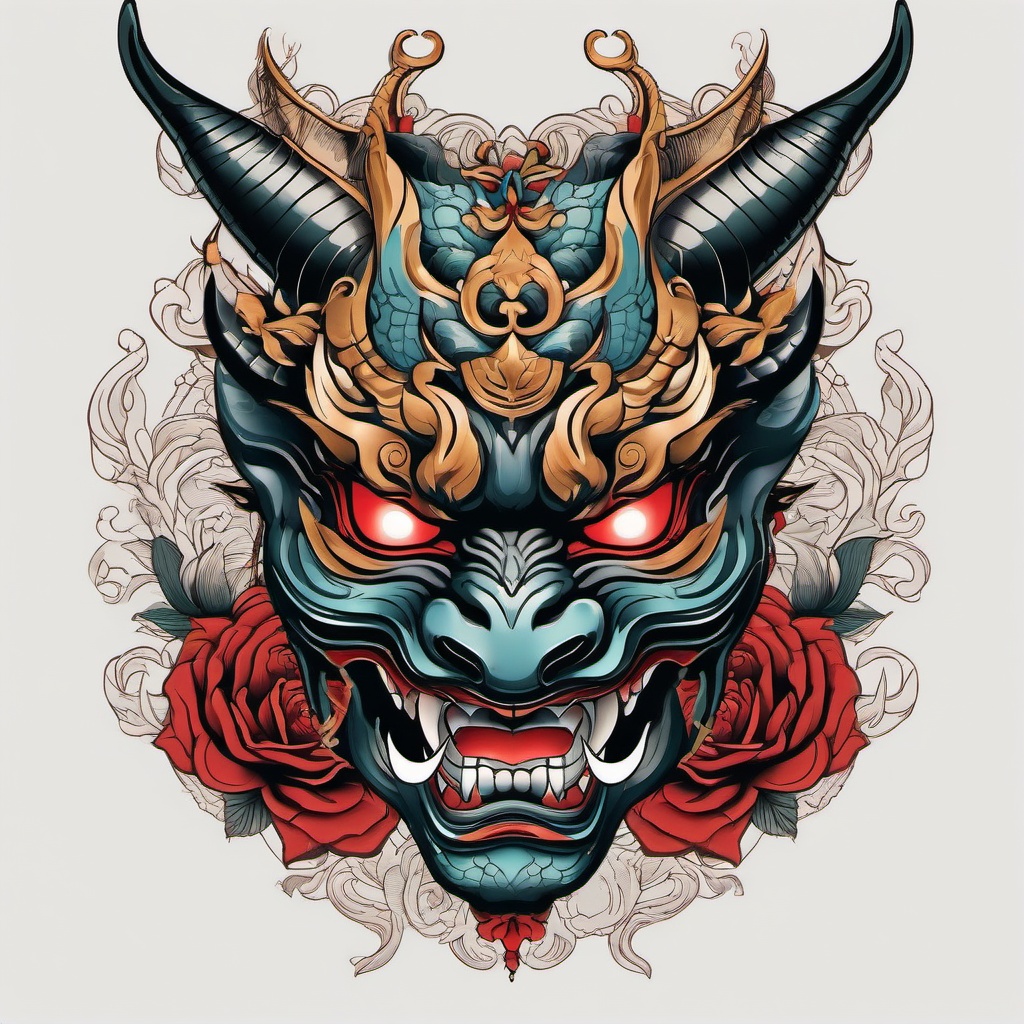 Hannya Mask and Dragon Tattoo - Features both the Hannya mask and a dragon motif in a powerful and symbolic tattoo design.  simple color tattoo,white background,minimal