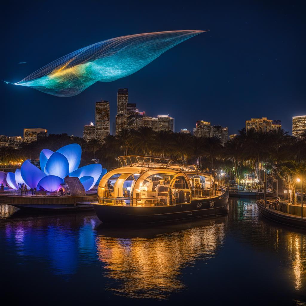 soar above the ocean to a city illuminated by bioluminescent creatures at floating city of lights. 