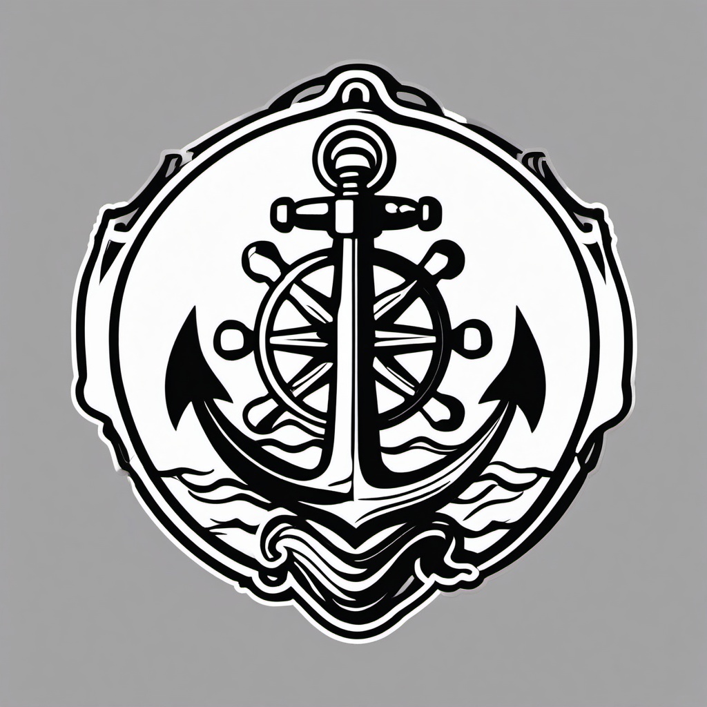 Anchor and Wheel Sticker - Nautical anchor with a ship's wheel, ,vector color sticker art,minimal