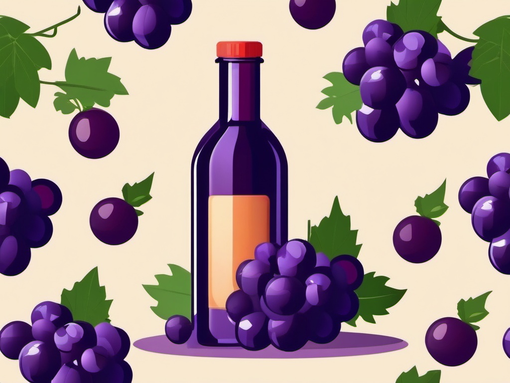 Grape Juice Bottle Clipart - A bottle of grape juice with grapes.  color vector clipart, minimal style