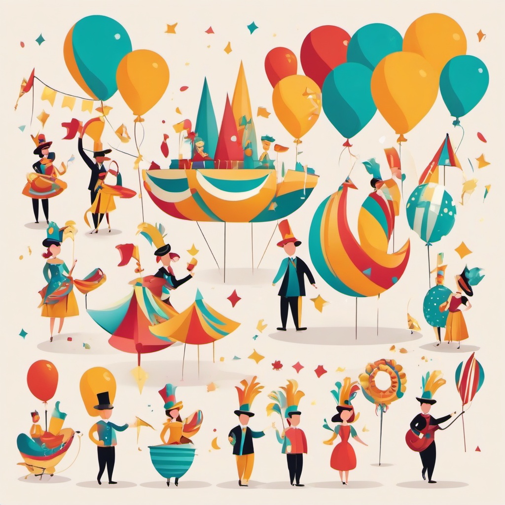 Celebration clipart - parade with colorful floats and performers  color,minimalist,vector clipart