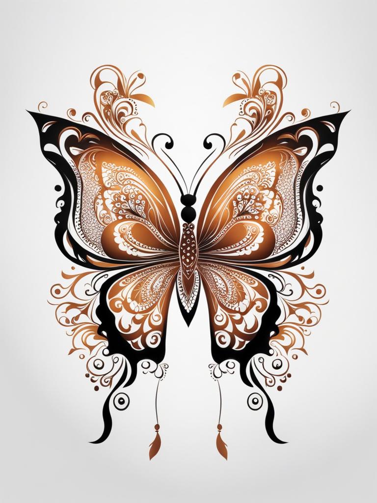 Butterfly henna tattoo, Artistic butterfly tattoos designed in the style of henna.  viviid colors, white background, tattoo design