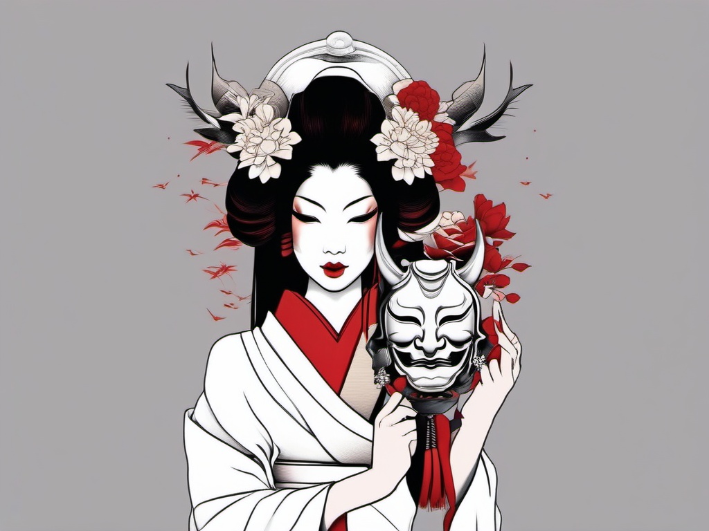 geisha holding hannya mask  simple color tattoo,white background,minimal