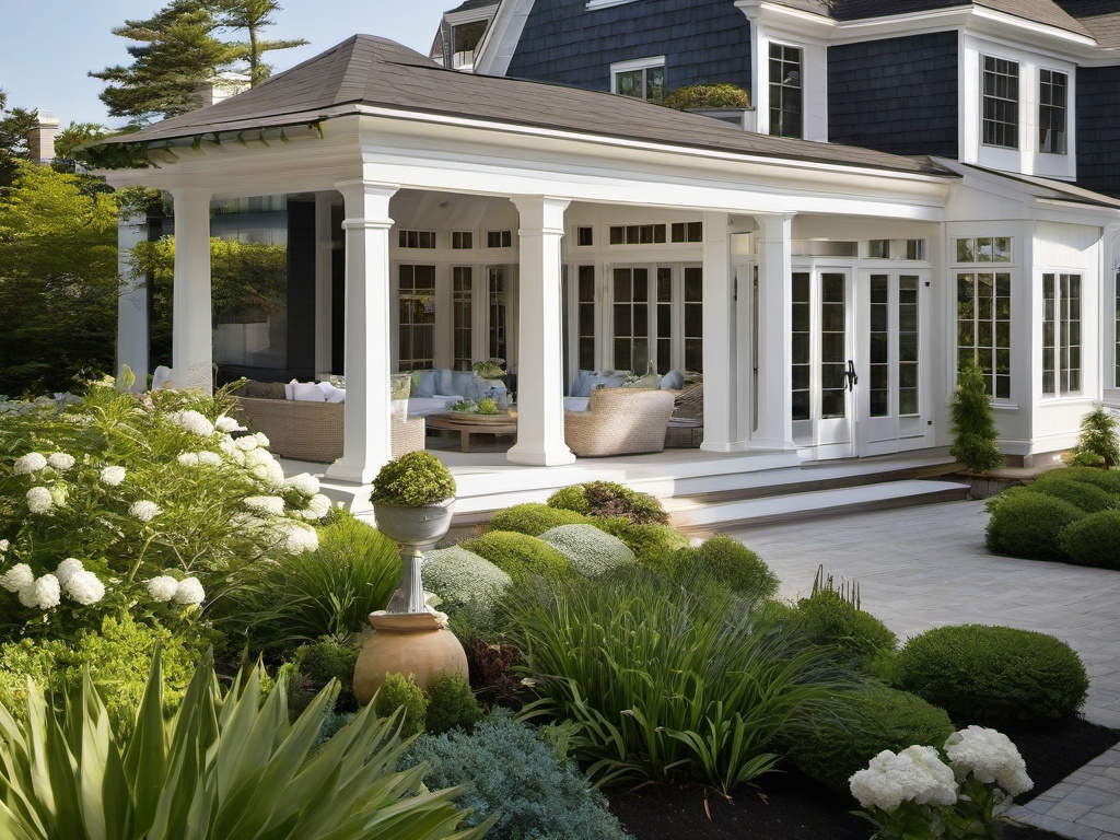 In the garden, Hampton interior design highlights coastal landscaping, light planters, and natural decor that create a stunning outdoor retreat for relaxation and enjoyment.  