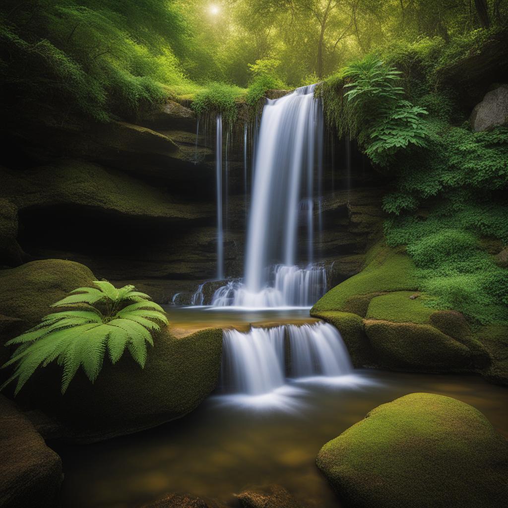 mystical, hidden waterfall cascading into a serene, enchanted pool. 