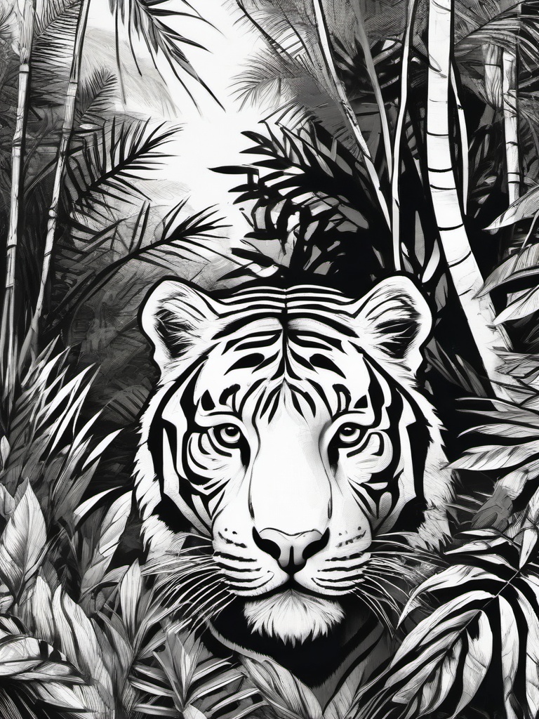 drawing of a tiger in the jungle  minimal rough sketch scribbles,doodles,black and white