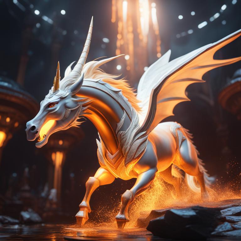 far shot of dragon unicorn, 8k resolution, fantasy concept art, dynamic lighting, hyper and intricately detailed, trending artstation, deep liquid effects color, Unreal engine, volumetric lighting, orange and white complementary colors