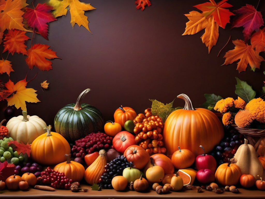 Thanksgiving Wallpaper-A colorful cornucopia overflowing with autumn produce, surrounded by vibrant fall foliage.  aesthetic background wallpaper