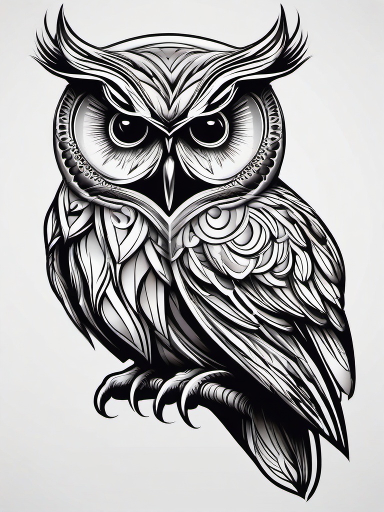 3D Owl Tattoo - Infuse depth and realism into your body art with a captivating 3D owl tattoo.  simple color tattoo,vector style,white background