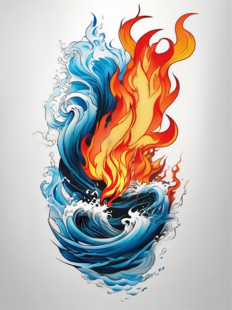 fire and water sleeve tattoos  simple color tattoo,white background