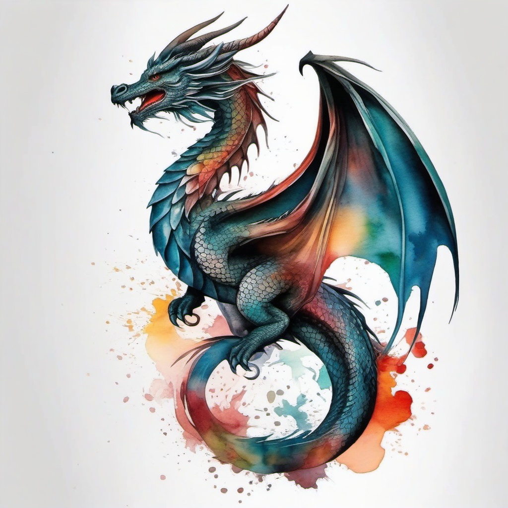 Watercolour Dragon Tattoo - Tattoo featuring a dragon with watercolor-style elements.  simple color tattoo,minimalist,white background