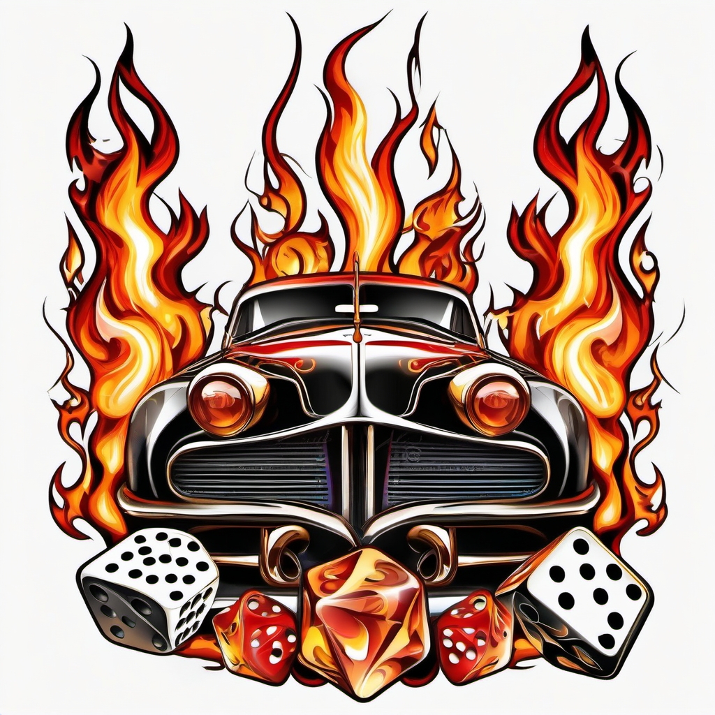 Hot rod flames and dice tattoo. Classic symbols of speed and luck.  color tattoo design, white background