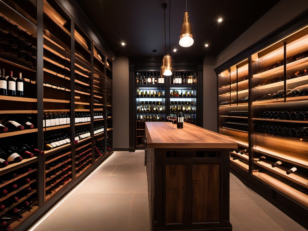 In the wine cellar, vintage interior design features wooden racks, warm lighting, and rustic accents that create a welcoming atmosphere for wine enthusiasts.  