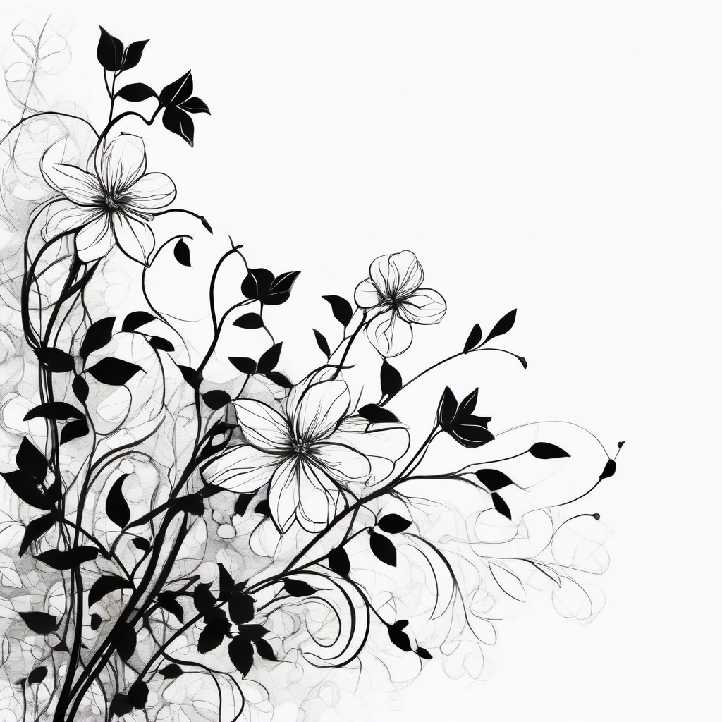 drawing of a vine with flowers  minimal rough sketch scribbles,doodles,black and white