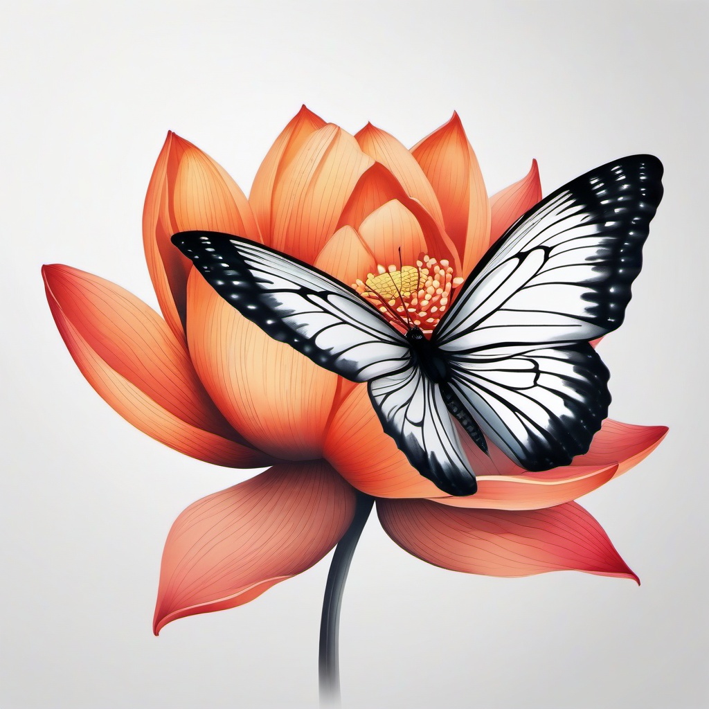 butterfly on lotus flower tattoo  simple color tattoo, minimal, white background