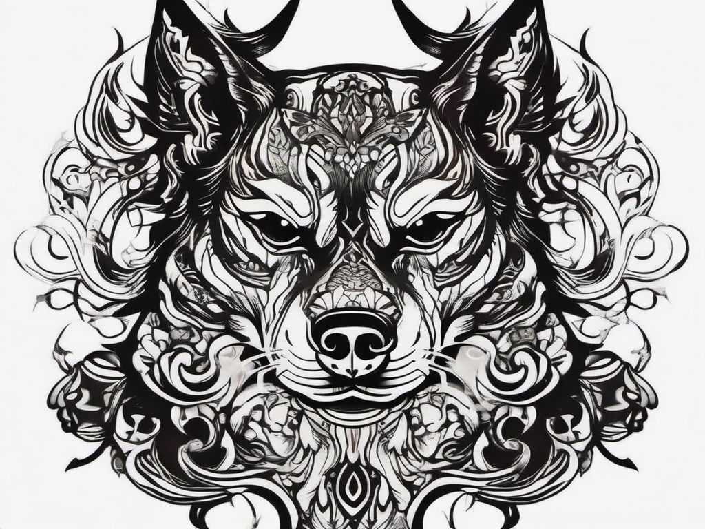 Demon Dog Tattoo-Edgy and bold tattoo featuring a demon dog, perfect for those who appreciate dark and fierce aesthetics.  simple color tattoo,white background