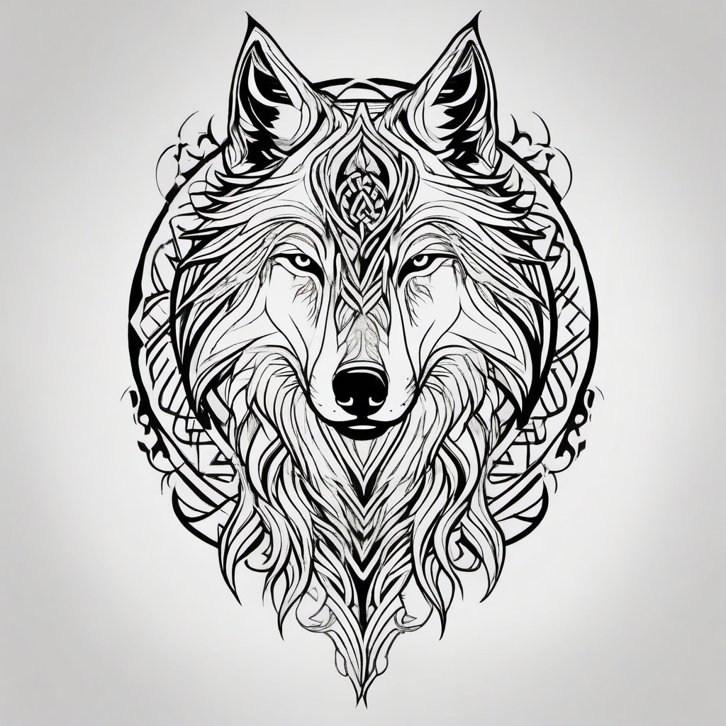 Norse Wolf Tattoo,wolf tattoo inspired by Norse mythology, symbol of the untamable and inevitable forces. , tattoo design, white clean background