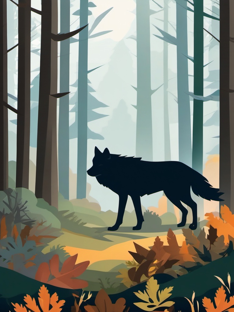 Wolf Clipart in a Forest,Wild wolf roaming the dense forest, representing resilience and independence. 