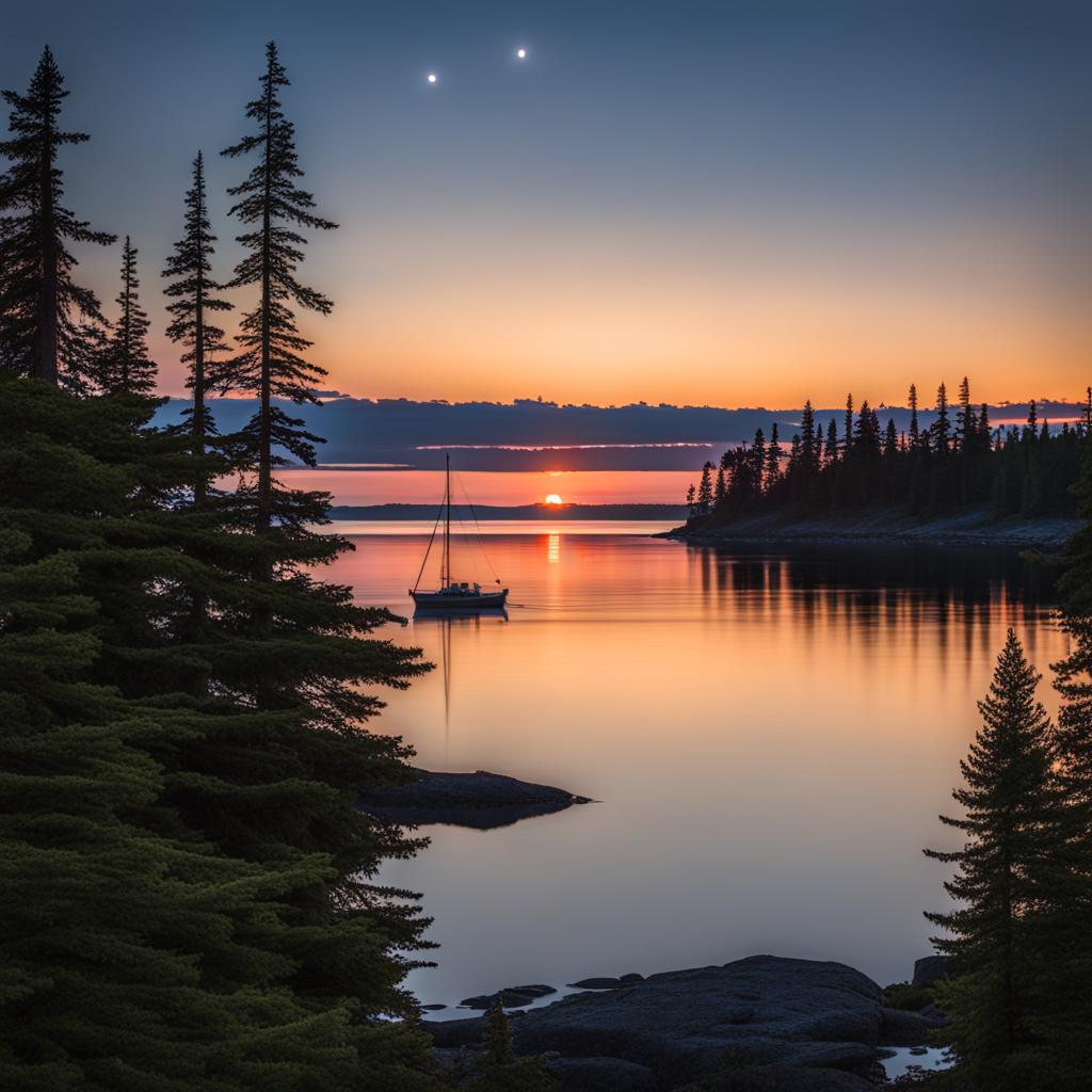 isle royale national park - illustrate a tranquil night on isle royale, a remote island in lake superior, with pristine wilderness and stargazing opportunities. 