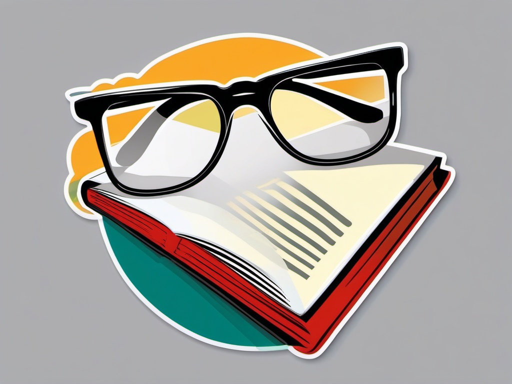 Book and Glasses Sticker - Reading glasses on an open book, ,vector color sticker art,minimal