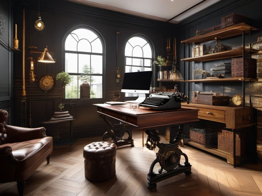 The home office exemplifies steampunk interior design, featuring a sturdy wooden desk, vintage typewriter, and decor that inspires creativity in a quirky yet functional environment.  