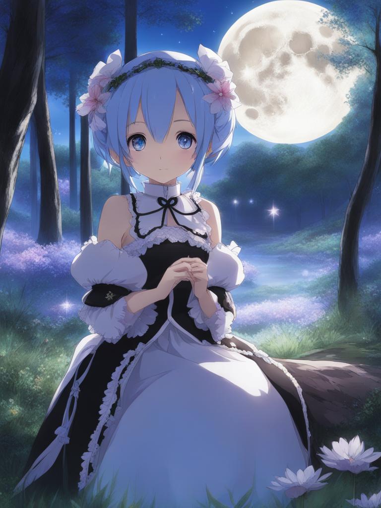 rem (re: zero) - protects her loved ones in a serene, enchanted forest beneath a full moon. 