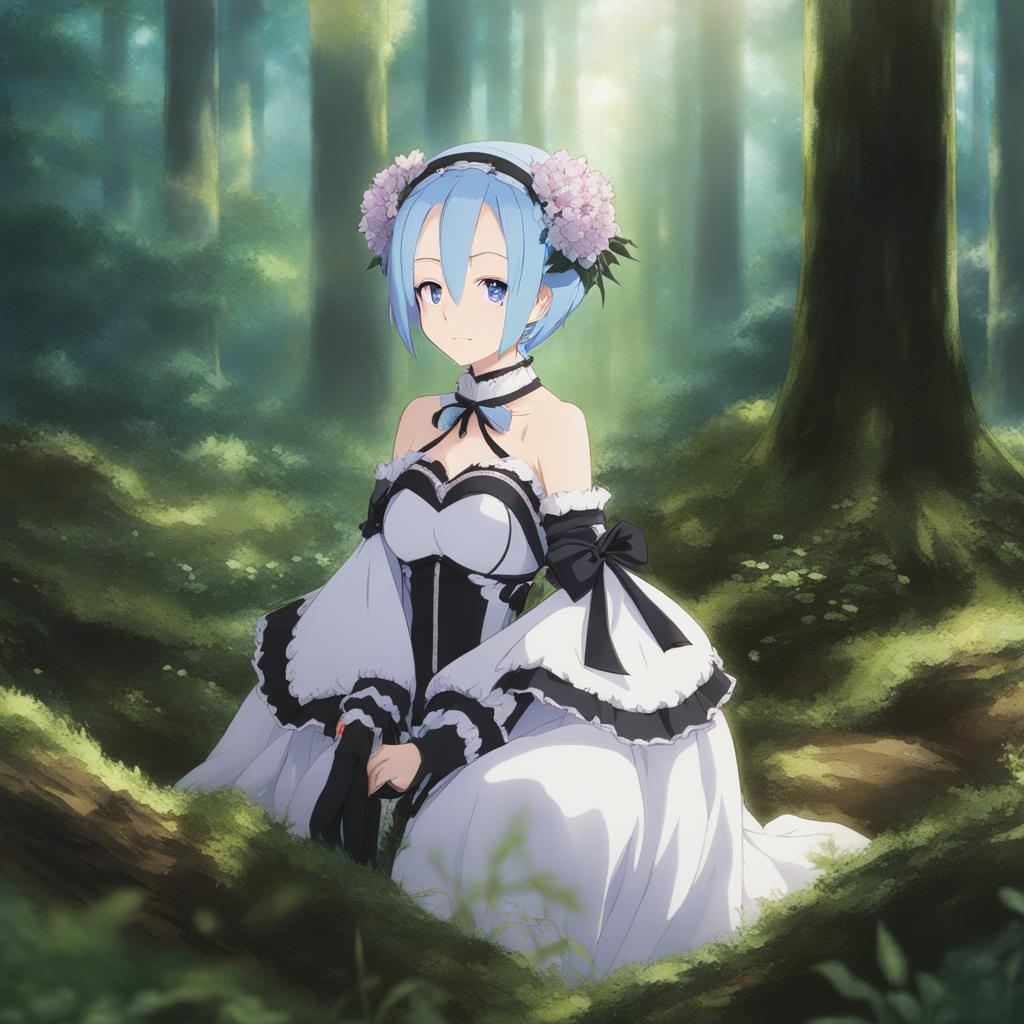 rem (re: zero) displays unwavering determination while defending her allies in a mystical forest. 