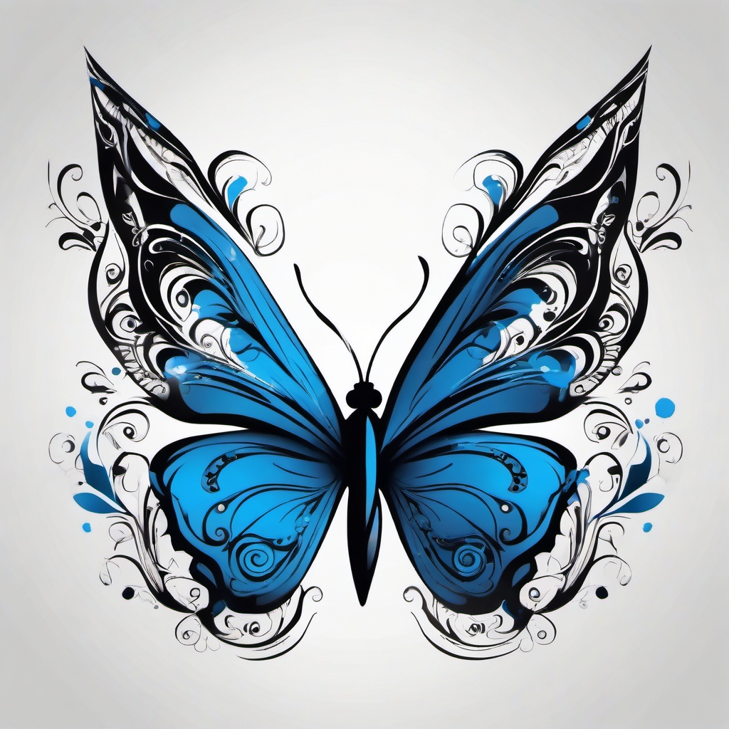 Abstract blue butterfly swirls ink. Whirling elegance of flight.  minimalist black white tattoo style